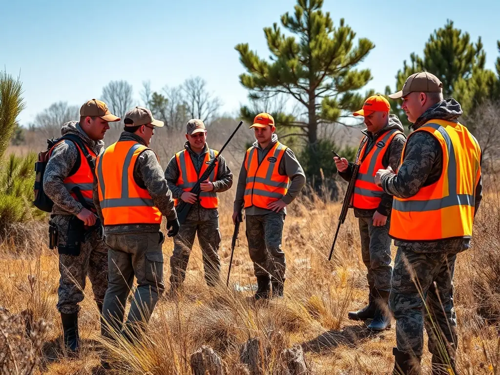 A photograph capturing a group of hunters participating in a supervised hunting activity in a controlled environment, emphasizing safety and ethical hunting practices.