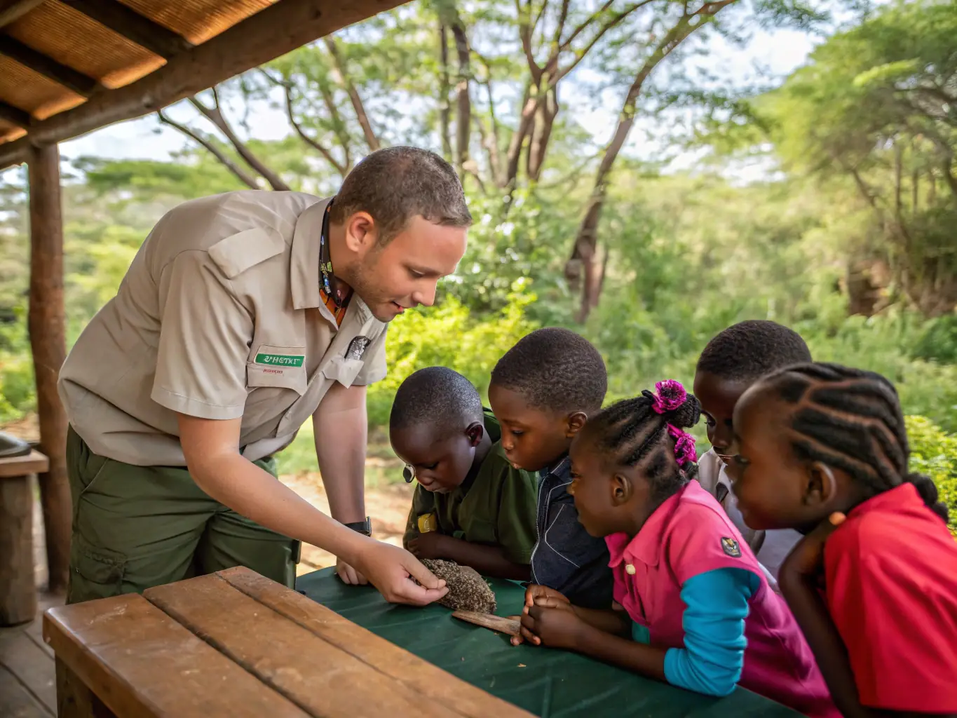 A photograph of a group of students participating in a wildlife education workshop, learning about local species and conservation techniques.