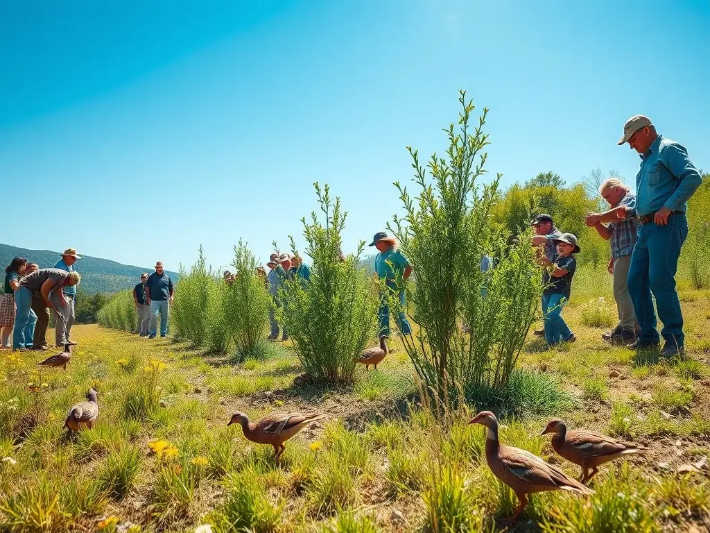 An image showcasing a wildlife habitat restoration project, with volunteers planting trees and creating natural shelters for local fauna.