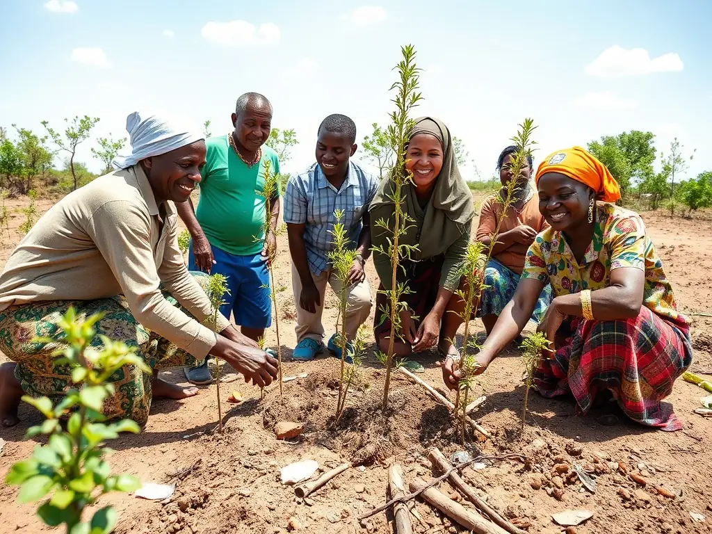 A group of community members participating in a habitat restoration project, planting trees and clearing invasive species in a local forest. The image conveys a sense of teamwork and environmental stewardship.