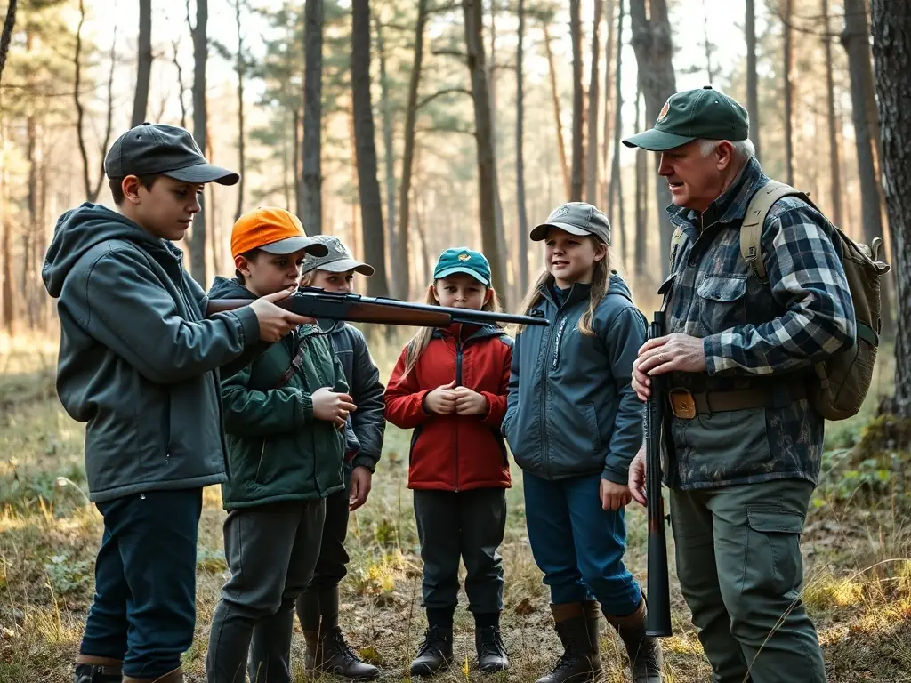 A photo of a hunting safety workshop, showing experienced hunters teaching younger community members about responsible hunting practices and firearm safety. The image emphasizes education and intergenerational knowledge transfer.