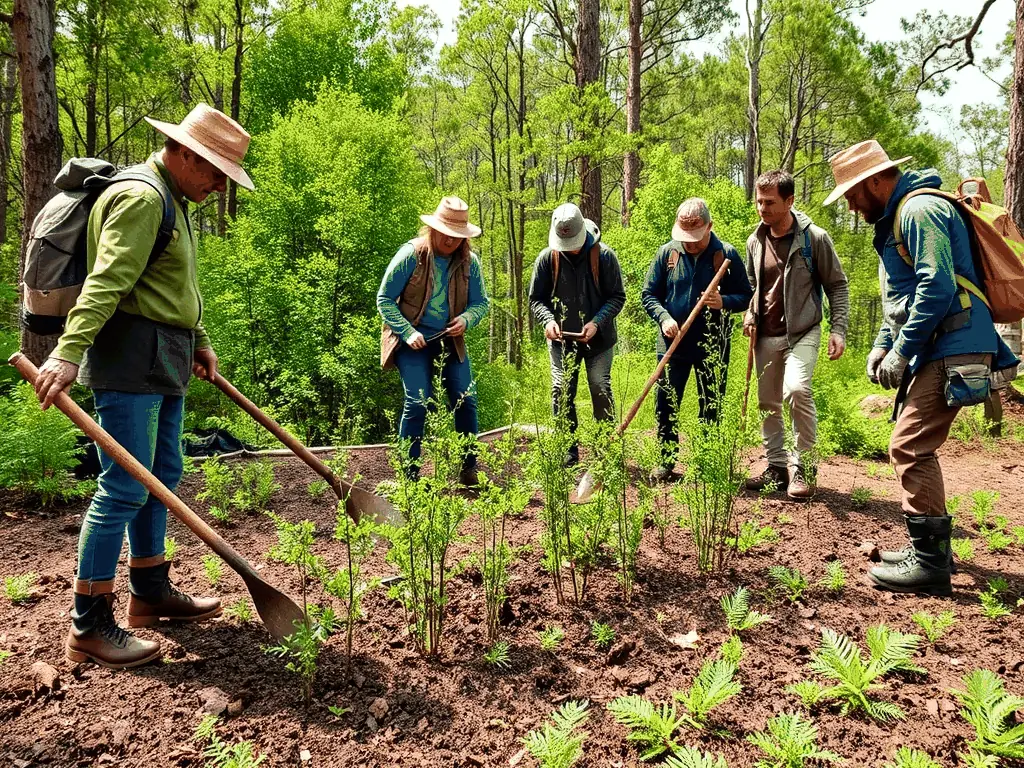 A photograph depicting members of SOCIETE INTERCOMMUNALE DE CHASSE DE DIRAC GARAT participating in a habitat restoration project, planting native trees and shrubs to enhance biodiversity.