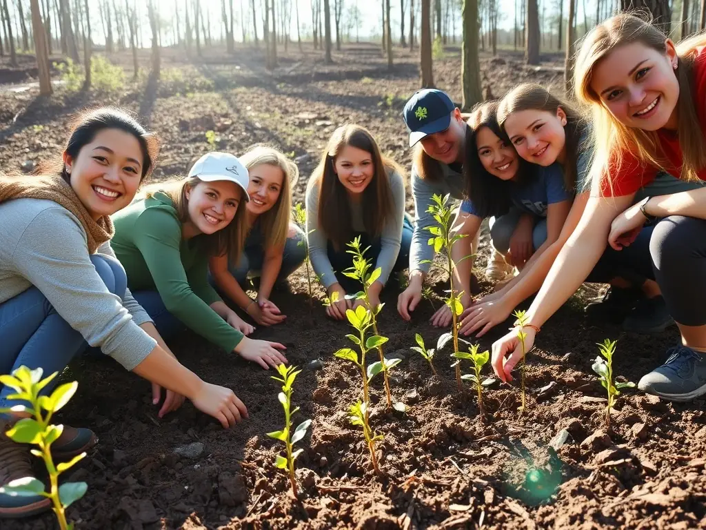A photograph depicting volunteers planting native trees in a deforested area, illustrating habitat restoration efforts.