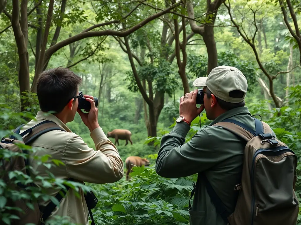 An image showing a wildlife biologist monitoring a deer population using tracking equipment in a forest.