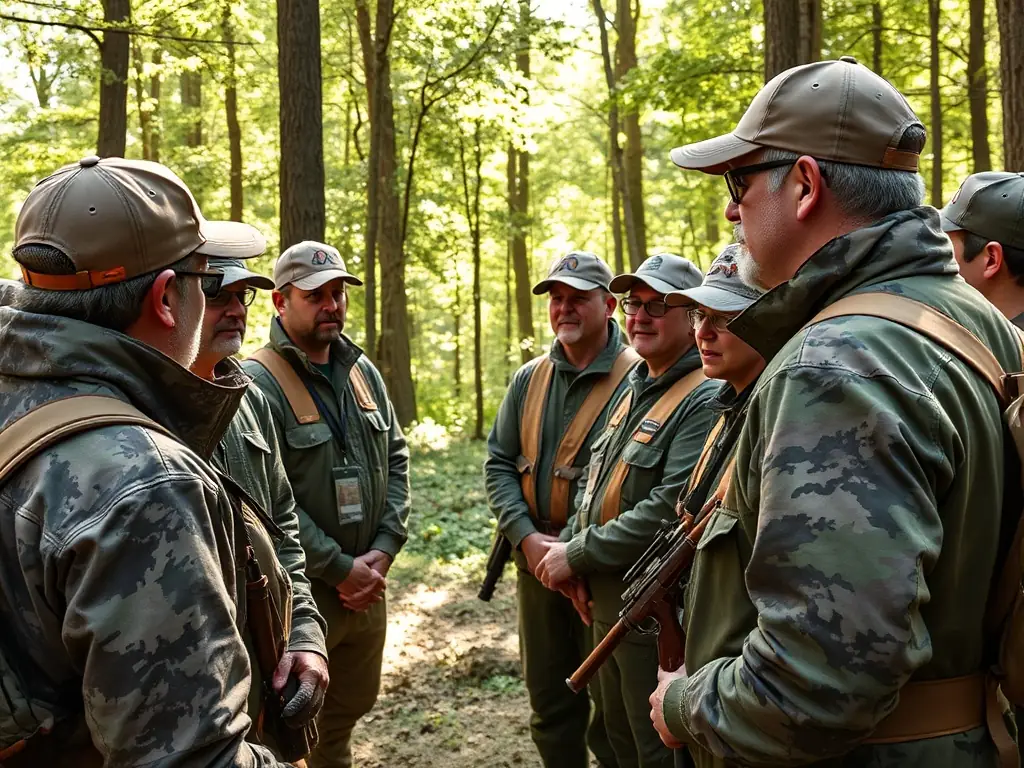 A photograph featuring a group of young hunters participating in a training session on responsible hunting practices, emphasizing safety, ethics, and sustainable harvesting techniques.