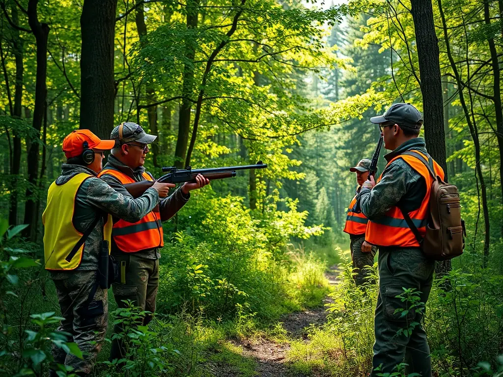 A group of hunters participating in a safety training session in a natural outdoor setting, demonstrating the importance of safe gun handling and awareness.